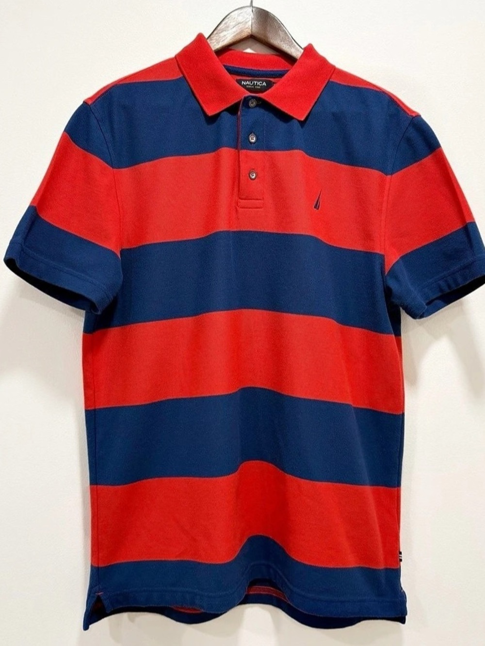 Nautica Mens Preppy Striped Cotton Polo Shirt Navy & Red Collar Short Sleeve |